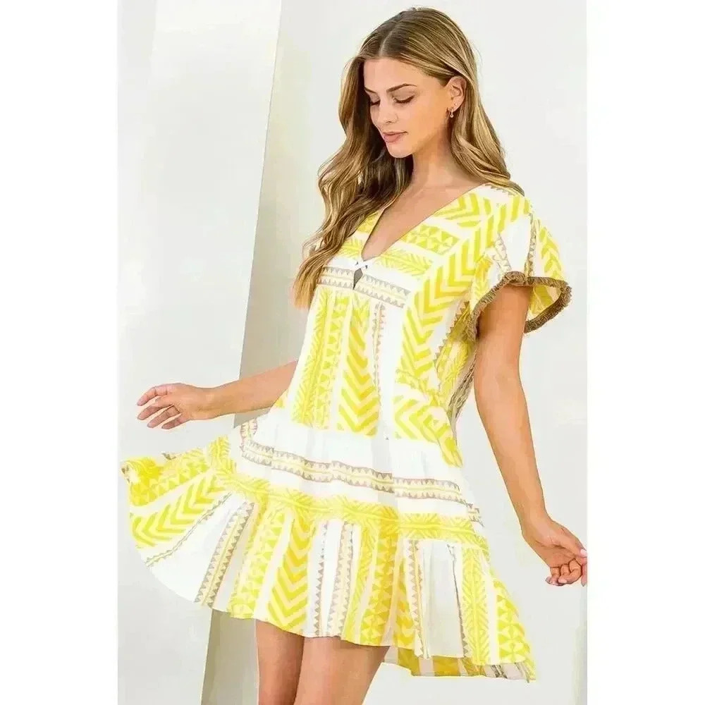 THML Flutter Sleeve Embroidered Vneck Dress Yellow Brown White Side Zip Size XS